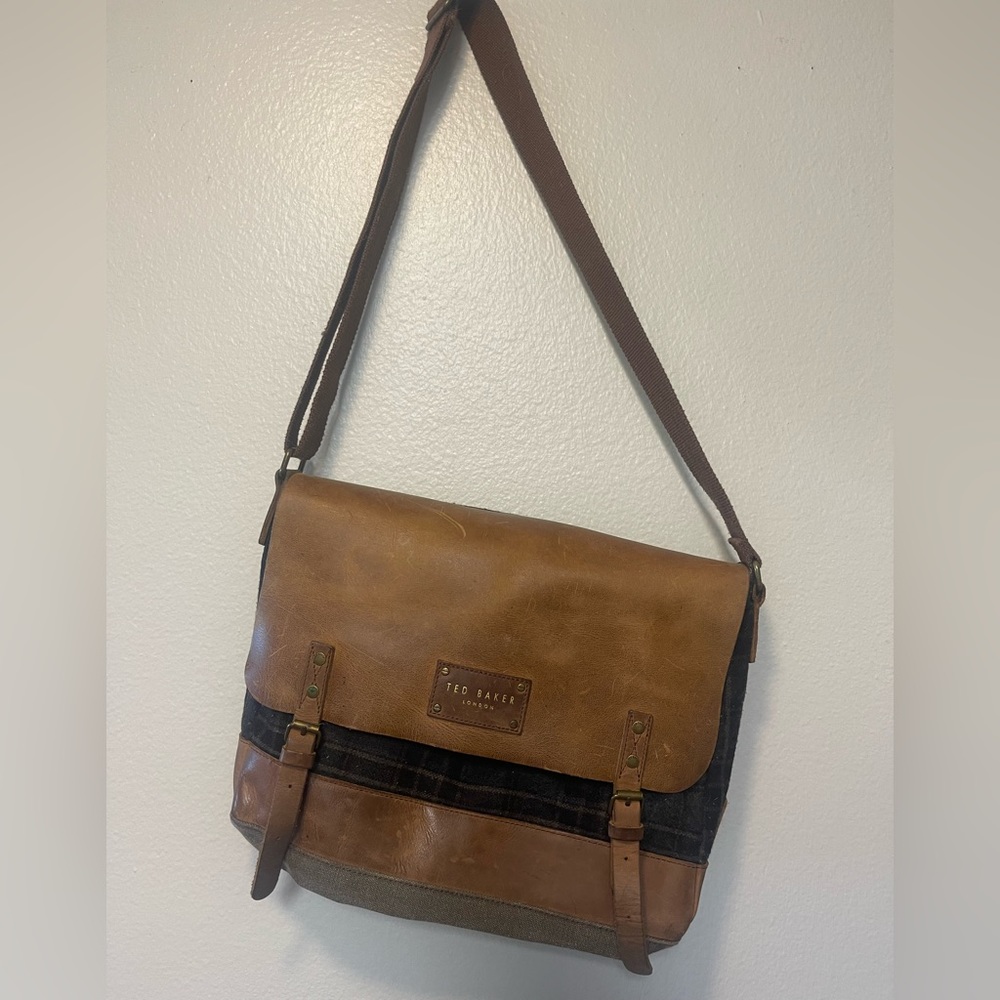 Ted baker leather & plaid messenger bag